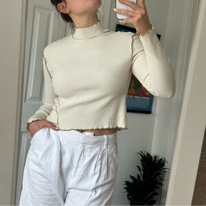 Cream Ribbed Mock Neck Long Sleeve Shirt